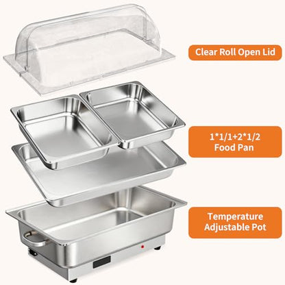 9 Qt Electric Chafing Dish Buffet Set, Stainless Steel Food Warmer with Roll Top Clear Lid, Adjustable Temperature Control, 1x1/1 and 2x2/1Size Pans, Commercial Buffet Server for Parties & Events - size: 1x1/1 and 2x2/1 Size Pan