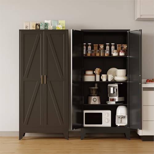 COFaR 61'' Tall Metal Storage Cabinet, Farmhouse Kitchen Pantry Cabinet with Doors and 3 Adjustable Shelves, Black Metal Cabinets for Garage, Kitchen, Bathroom, Laundry, 4-Tier - color: Black, size: 13.78''D ×27.56''W × 61.02''H-S06