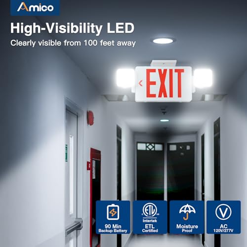 Amico 1 Pack Commercial Red Double-Sided Exit Sign with Large LED Light - color: Red