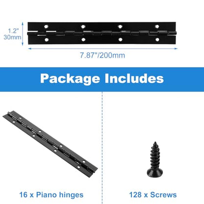16 PCS 8 Inch Piano Hinge Heavy Duty, 0.04" Thickness Folding Continuous Hinge, Black Metal Piano Hinges for Cabinets, Doors, Window (1.2" Open Width)