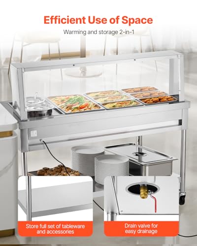 VEVOR Commercial Food Warmer, 7 Pans + 2 Pots Electric Steam Table, 1800W Professional Buffet Catering Food Warmer with Shield Undershelf Wheels, Stainless Steel Server for Party Restaurant Hotel - size: 7 Pans + 2 Pots Large