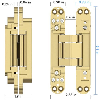 Hidden Door Hinges 2 Pack 6 inch 3-Way Adjustable 180° Gold Concealed Hinge - color: Gold, size: 6 Inch