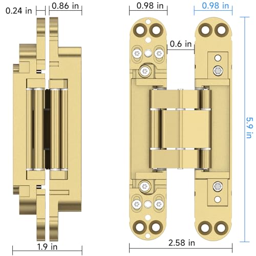 Hidden Door Hinges 2 Pack 6 inch 3-Way Adjustable 180° Gold Concealed Hinge - color: Gold, size: 6 Inch