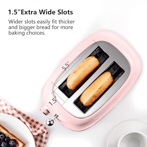 Roter Mond 2 Slice Toaster Retro Stainless Steel with Bagel, Cancel, and Defrost Functions, 6 Bread Shade Settings, Extra Wide Slots and Removable Crumb Tray, Pink - color: Pink