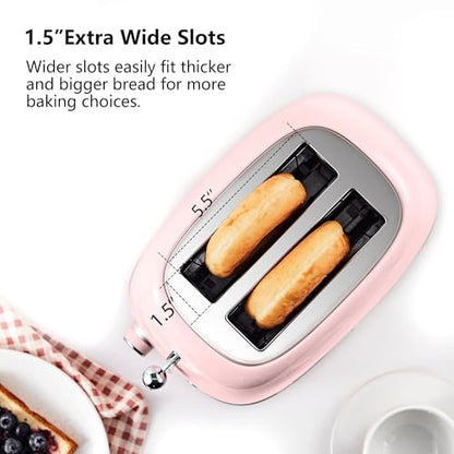 Roter Mond 2 Slice Toaster Retro Stainless Steel with Bagel, Cancel, and Defrost Functions, 6 Bread Shade Settings, Extra Wide Slots and Removable Crumb Tray, Pink - color: Pink