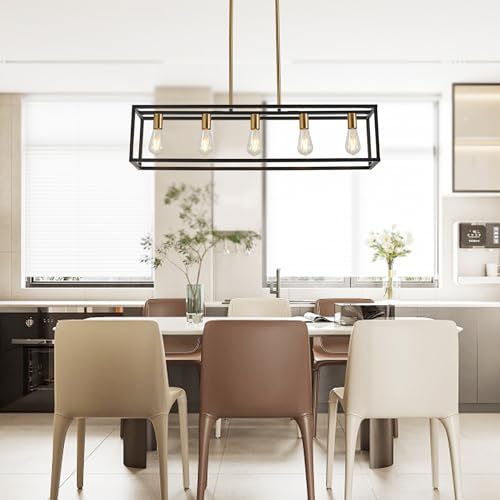 Kitchen Light Fixtures Farmhouse Rectangle Chandeliers Dining Room Light for Dining Rooms, Light Fixture Matte 5-Light Industrial Pendant Lighting - color: Black&Brass, size: 5 Lights