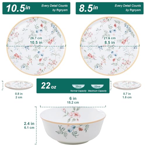 Bone China Dinnerware Set for 4, 12 Pcs Floral Plates and Bowls, Gold Rim - color: pestel blossoms