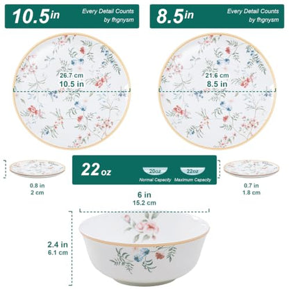 Bone China Dinnerware Set for 4, 12 Pcs Floral Plates and Bowls, Gold Rim - color: pestel blossoms