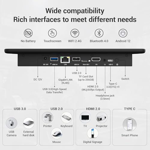 10.1" Industrial Touchscreen PC, All-in-One Computer Rockchip RK3399 Hexa-Core, 4GB RAM 64GB eMMC, Gigabit LAN, RS-232, USB 3.0, HDMI 4K, Android 11 for Digital Signage/POS/Factory Control