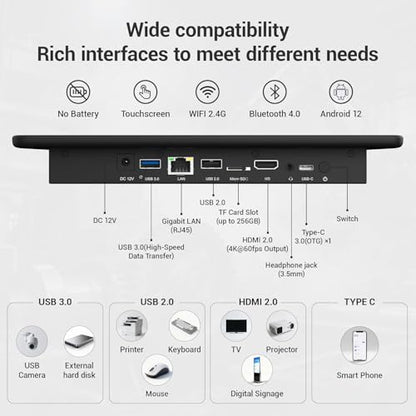 10.1" Industrial Touchscreen PC, All-in-One Computer Rockchip RK3399 Hexa-Core, 4GB RAM 64GB eMMC, Gigabit LAN, RS-232, USB 3.0, HDMI 4K, Android 11 for Digital Signage/POS/Factory Control