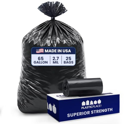 Plasticplace 65 Gallon Trash Bags │ 2.7 Mil │ Black Heavy Duty Garbage Can Liners │ 50” x 48” (25 Count) (W65LDB225A) - size: 25 Count (Pack of 1)