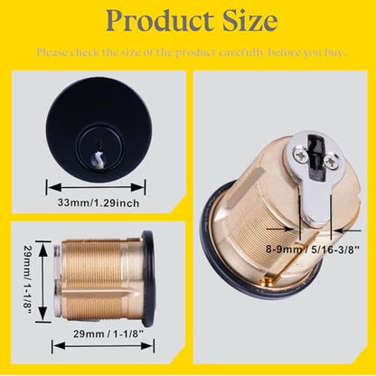 2 Pack Brass Mortise Door Cylinder Lock, 1 1/8" Inch Length Standard SC1 Keyway with 2 Keyed Alike Keys, Door Replacement Lock Cylinder Suitable for Home and Commercial Use. - size: 1 1/8" Inch
