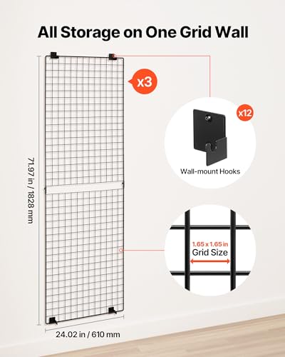 VEVOR 3 Packs Grid Wall Panels, 2 x 6 ft Wire Grid Panels Display Rack, Wall-Mounted Art Display Shelf, Black Carbon Steel Wall Hanging Gridwall for Craft Show, Decoration, Storage, Notice Board - size: 24.02 x 0.43 x 71.97 in