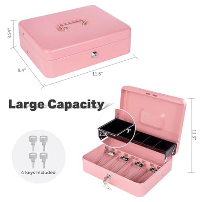 Cash Box with Money Tray and Lock, Metal Money Box for Cash Register 4 Keys - color: Pink
