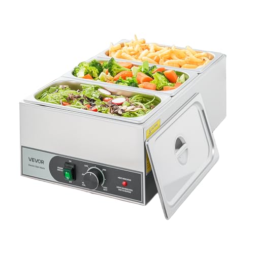 VEVOR Commercial Food Warmer, 1200W Electric Stainless Steel Steam Food Warmer, Fast Heating Countertop Buffet Bain Marie with Three 1/3 Size Food Pans, for Catering, Restaurants, Parties & Buffets - size: 21.85 x 13.39 x 7.87 in