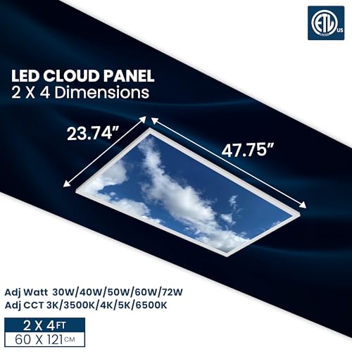 4-Pack 2x4 LED Flat Panel Light, Drop Ceiling Light Fixture with Cloud Design Tunable 30W-72W, 8750 Lumens, 5 CCT 3000K-6500K, 0-10V Dimmable Skylight ETL, 120-277V 48x24 Inch LED Panel