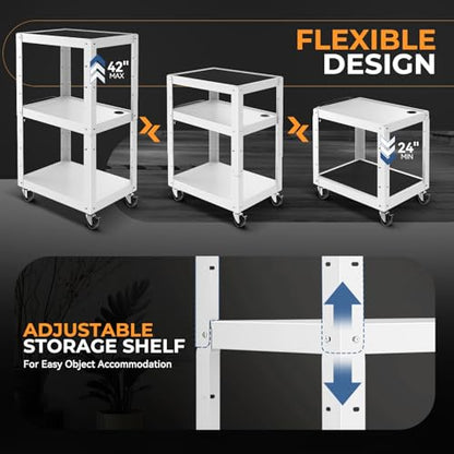 Auto Dynasty Adjustable AV Cart w/Power Strip, 4 ft Rolling Stand, White - color: White
