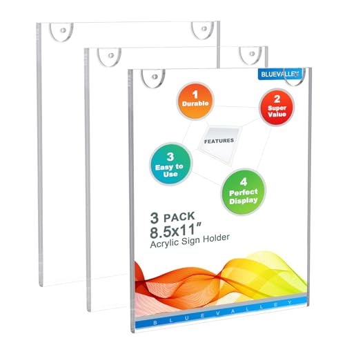 BlueValley 3 Pack Acrylic Sign Holder 8.5x11 Wall Mount Portrait – Clear Menu, Flyer & Picture Frame with Screws & Adhesive Tape, Wall Mounted Document Display for Office, School, Restaurant, Hotel, Public Space