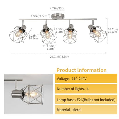 WILON Ceiling Lighting Fixtures,4 Way Track Light Fixture,4 Ceiling Spotlight,Kitchen Island Lighting Semi Flush Mount,Kitchen Track Lighting Flexibly Rotatable Light Head,E26 Base - color: Brushed Nickel, size: 4-Light-Cage