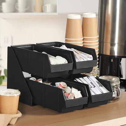 CURTA Black Self Serve Condiment Bin Stand Set, Removable Condiment Organizer with 2-Tier Stand and 4 Condiment Bins, 16" D x11.25 W x 9.5" H, Coffee Bar Beverage Station - size: 4 BINS