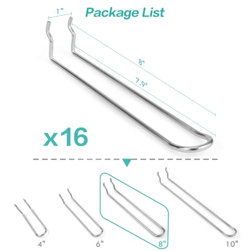 Pegboard Dual-arm Hooks 16pcs Heavy Duty Tool Hanging Holders (Silver, 8") - color: Silver, size: 8 Inch
