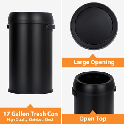 17 Gallon Fingerprint-Proof Stainless Steel Trash Can, Open-Top Heavy Duty Commercial Round Garbage Bin for Restaurant, Home, Office, Black - color: Black