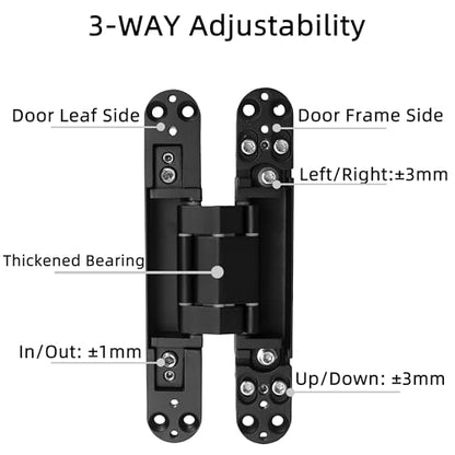 4-Pack 7 inch Black Hidden Door Hinges, Heavy Duty Zinc Alloy Concealed Hinges, Invisible 180 Degree Swing Hinge, 3 Way Adjustable Butt Hinge - color: Black, size: 7 Inch
