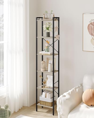 Hzuaneri Bookshelf, Book Shelf, Industrial Bookcase with 2 Hooks, - color: Greige, size: 9.4"D x 15.4"W x 72.8"H