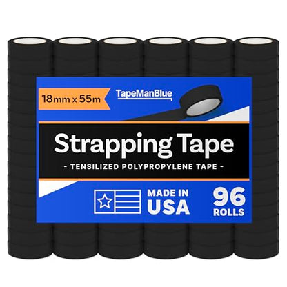 TapeManBlue Strapping Tape, Black Tensilized Polypropylene Strapping Tape for Banding, Bundling, Packaging and Palletizing, Made in USA (18 mm x 55m (96 Rolls)) - size: 18 mm x 55m (96 Rolls)