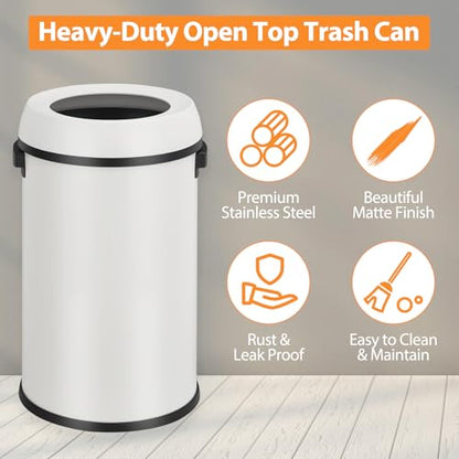 GarveeHome 17 gal/65 L Open Top Trash Can, Stainless Steel Rubbish Bin, Commercial Grade Waste Container, Round Garbage Can for Outdoor, Home Office, Restaurant, White - color: White, Open Top