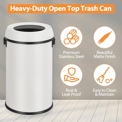 GarveeHome 17 gal/65 L Open Top Trash Can, Stainless Steel Rubbish Bin, Commercial Grade Waste Container, Round Garbage Can for Outdoor, Home Office, Restaurant, White - color: White, Open Top