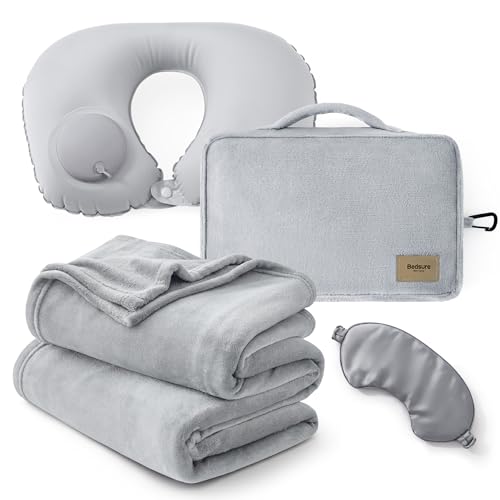 Bedsure Travel Blanket Set with Inflatable Neck Pillow and Eye Mask, Grey - color: Grey