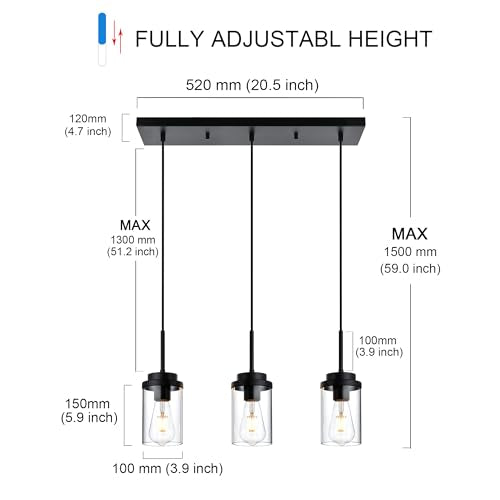 MELUCEE 3 Lights Linear Chandelier Black Finish, 20.5 Inches Length - color: Black, size: 3 Lights-1 Pack Linear
