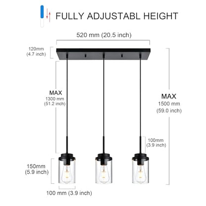 MELUCEE 3 Lights Linear Chandelier Black Finish, 20.5 Inches Length - color: Black, size: 3 Lights-1 Pack Linear