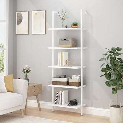 Karl home White 5 Tier Wall Mount Ladder Shelf, Metal Frame Bookcase - color: White