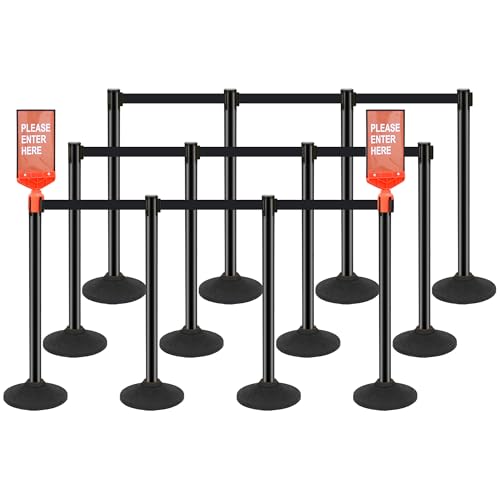 STARSIGNS 12 Pack Crowd Control Barriers - Weighted Base Stanchions with 10 Feet Retractable Belts Black Stanchion Posts Set for Retail, Banks, Public Spaces - color: Black- 12 Packs