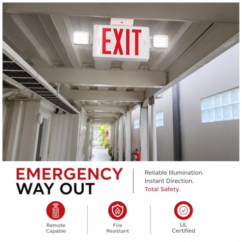 Double Sided LED Emergency EXIT Sign, Remote Capable, Two LED Flood Lights, Backup Battery, US Standard Red Letter Emergency Exit Lighting, Commercial Grade, 120-277V, FireResistant(UL 94V-0) (6 Pack) - size: 6 Pack
