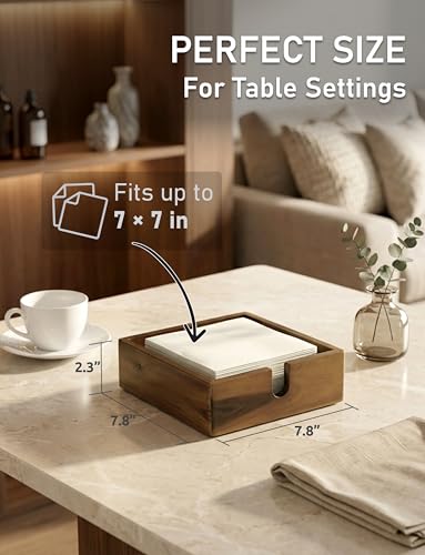 Acacia Lunch Napkin Holder 7.8 x 7.8 inches for Dining Table and Kitchen – Napkin Dispenser Made from Brown Acacia Wood – Premium Quality Feel for Dessert Beverage Party Dinner Luncheon Bar Table - size: 7x7x1.5 Inch Lunch Napkin Holder