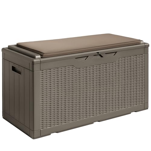 Devoko 100 Gallon Resin Waterproof Outdoor Storage Box with Cushion - color: Light Brown, size: 100 Gallon with Cushion