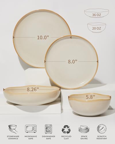 Pokini Stoneware Dinnerware Sets for 4, 16Pcs Ceramic Plates and Bowls Sets - color: Yellow White, size: Set (16pcs)