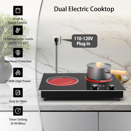 VBGK Electric Cooktop,2100W Built-in & Countertop 2 Burner Electric Cooktop,Electric Stove Top with10 Heating Level, Timer & Kid Safety Lock, LED Knob Touch Control Electric Burner with Plug - size: Double Burner Electric Cooktop