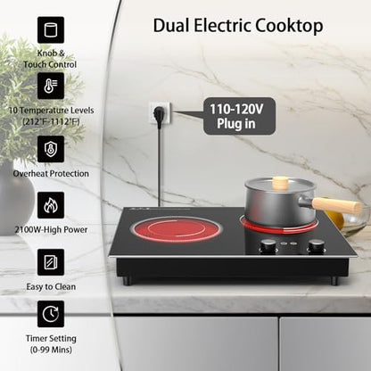 VBGK Electric Cooktop,2100W Built-in & Countertop 2 Burner Electric Cooktop,Electric Stove Top with10 Heating Level, Timer & Kid Safety Lock, LED Knob Touch Control Electric Burner with Plug - size: Double Burner Electric Cooktop