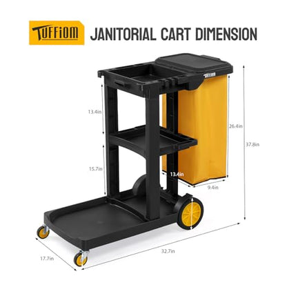 TUFFIOM Commercial Traditional Cleaning 3-Shelf Janitorial Cart, 500 Lbs Capacity Housekeeping Cart, Wheeled with Yellow VinylBag and Cover w Lid, Black, - color: Black