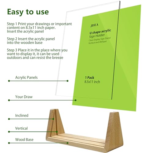 U-shaped Acrylic Sign Holder with Wood Base Menu Holder Flyer Holder Poster Stand Photo Stand Widened Base Windproof, Can Be Used Outdoors (8.5*11) - size: 8.5*11
