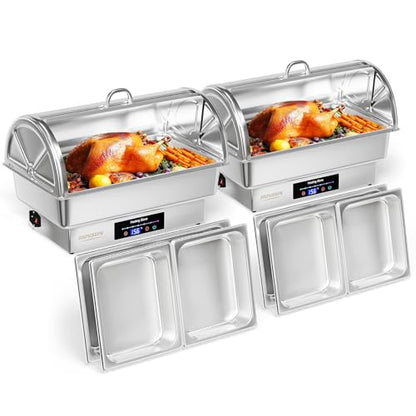 ROVSUN 9 QT 2 Pack Roll Top Electric Chafing Dishes for Buffet,Stainless Steel Chafing Dish Buffet Set with Temperature Control,Chafers and Buffet Warmers with Full & Half Size Pan for Party Catering - size: 2 Pack