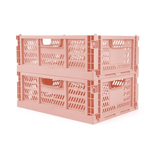 Domiella 2-Pack Crates for Storage, Storage Crates Plastic Stackable, Foldable Crate for Office Home Kitchen Bedroom Bathroom (Large, Pink) - color: Pink, size: Large: 15.7" x 11.8" x 5.9"