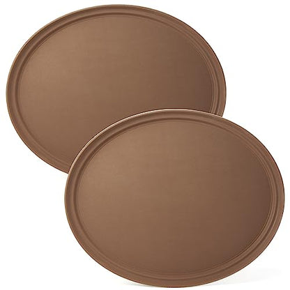 CURTA 2-Pack Restaurant Grade Non-Slip Tray, NSF, Oval 22-Inch x 27-Inch, Plastic Rubber Lined Round Serving Tray, Brown - color: Brown-oval, size: 27" x 22" x 1"