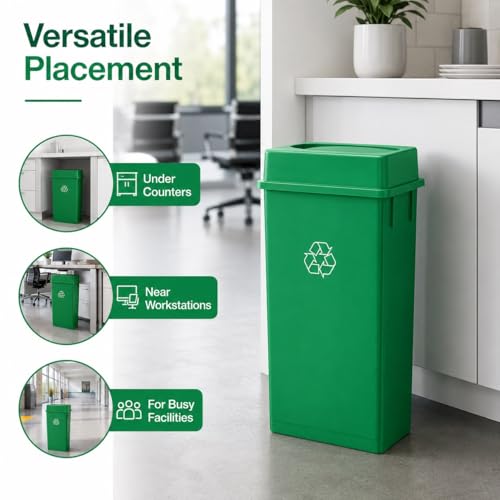 23 Gallon Slim Rectangular Commercial Trash Can, Heavy Duty Plastic Indoor Waste Bin for Kitchen, Office, Restaurant, School, Restroom & Janitorial Use (Green, with Lid) - color: Green