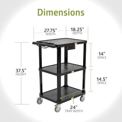 Pearington 3-Shelf Mobile Utility Cart with 3 Outlets and 8' Cord, Heavy-Duty Service Cart for Offices and Warehouses with 3 Shelves, Black, 2 Pack - size: 2 Pack
