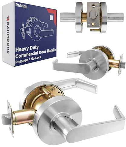 OAKMOORE Heavy Duty Commercial Door Handle | Passage Function | Grade 2 | No Lock/Key | for Meeting Rooms & Kitchens | Nickel Finish | C UL & ADA | ANSI A156.2 - size: Passage (Always Open)